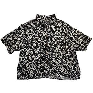 Wild Honey Button Down Camp Shirt Batik Floral Medium Black White Vintage